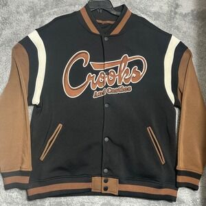 Crooks and Castles Varsity Jacket Mens XL Black Brown Colorblock Snap Front Logo